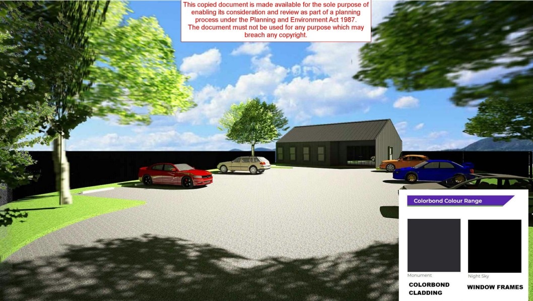 Designs of a church show a shed like building sits in front of a carpark
