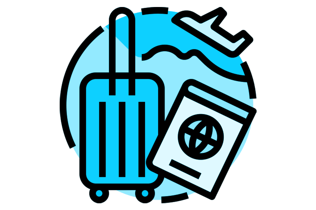 A cartoon suitcase and passport is in front of the globe, on top of the word 'tourism'