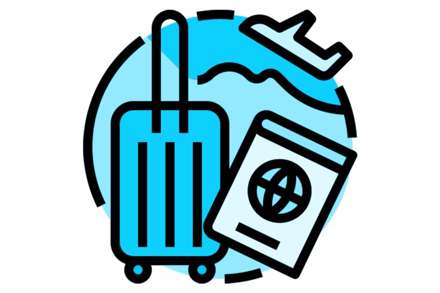 Мультяшный чемодан и паспорт перед земным шаром, над словом «туризм».