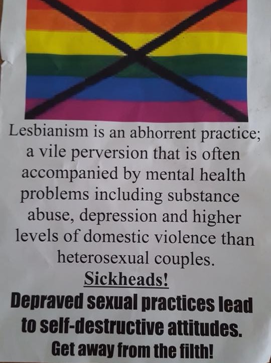 Note left on gay couple's car saying "Lesbianism is an abhorrent practice".