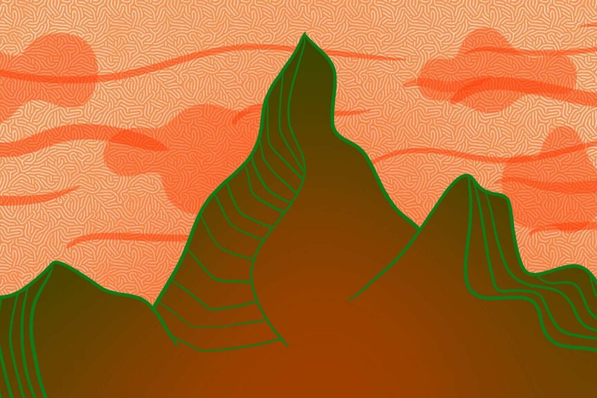 An illustration of a mountain with a high peak