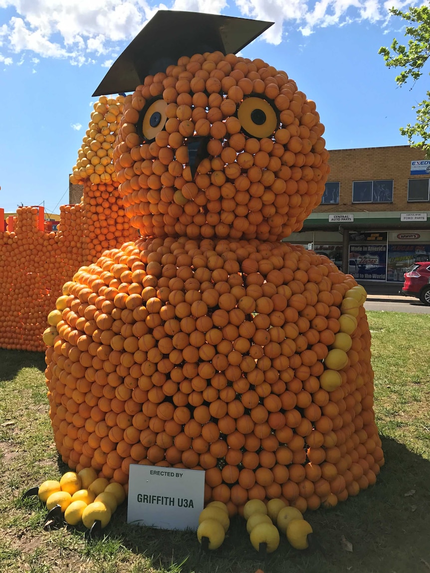 Owl orange sculpture at Griffith Spring Fest