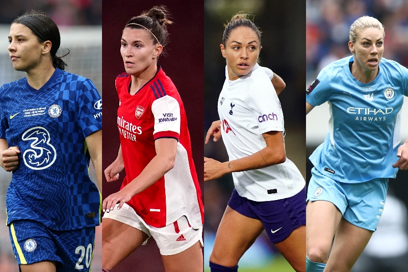 Four woman footballers wearing their club colours 
