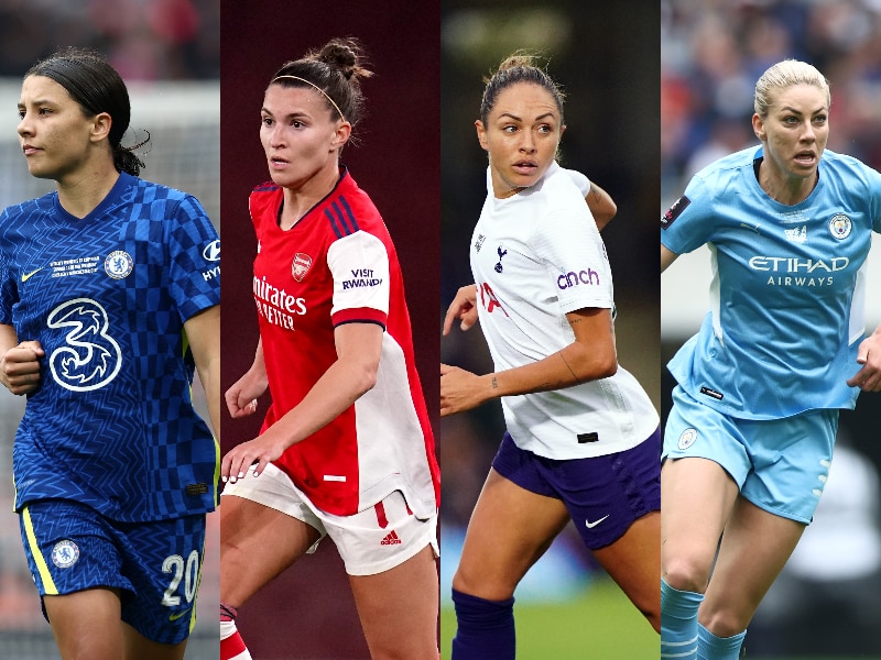 Four woman footballers wearing their club colours 