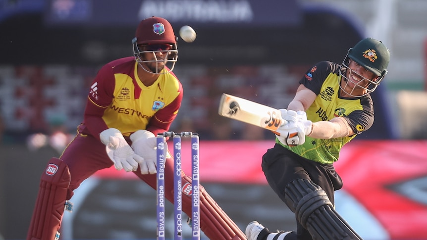 David Warner swings the bat on a cricket pitch with a wicketkeeper in red standing behind the stumps.