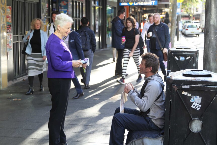 Independent MP for Wentworth Kerryn Phelps talks to a voter