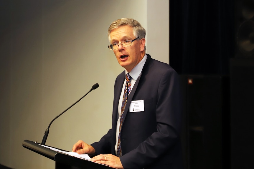 Canon Sandy Grant, chair of the Sydney Anglican Diocese's Domestic Violence Task Force, addresses the 51st Synod.