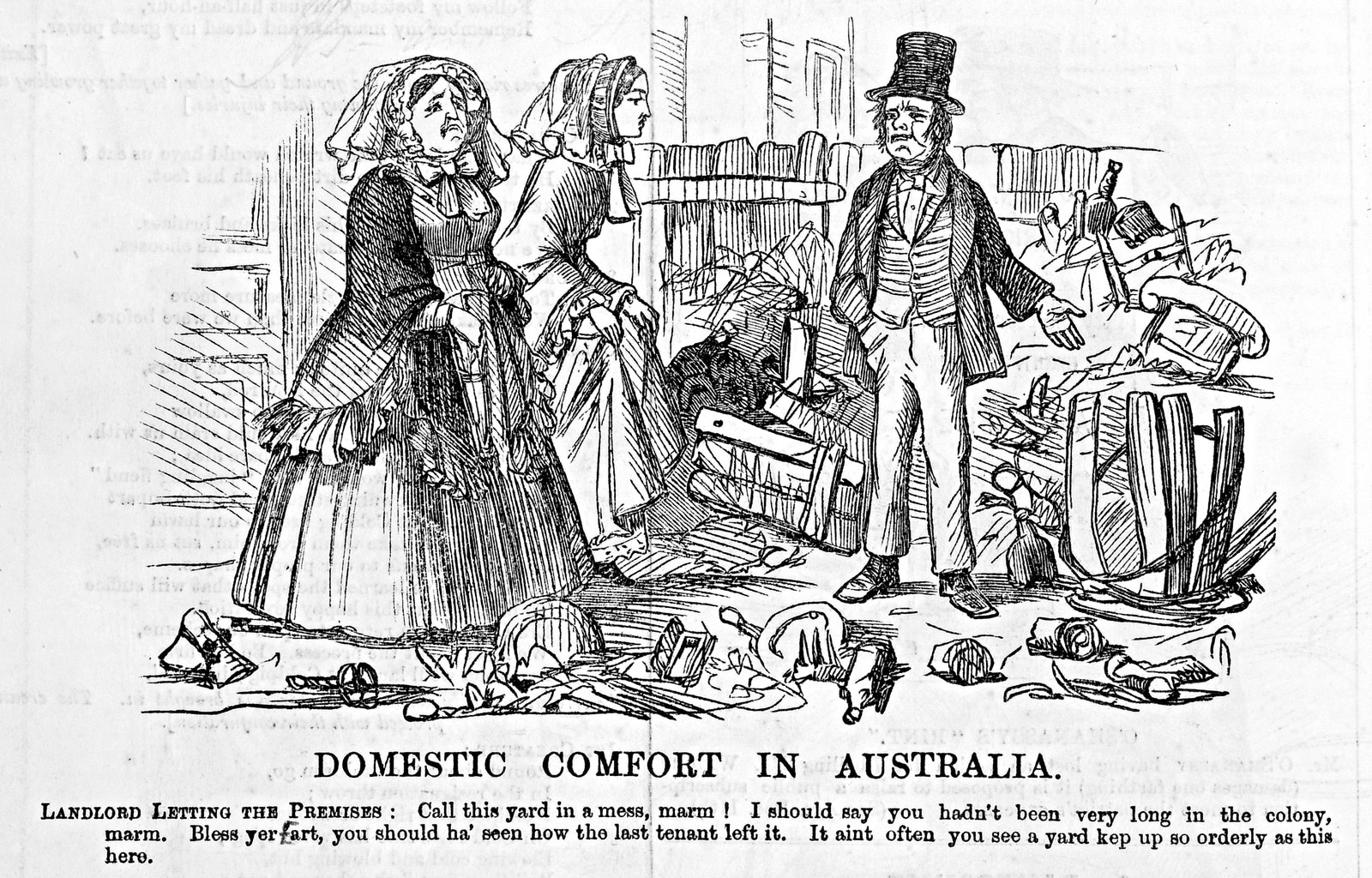 A cartoon showing two women disgusted at rubbish in a backyard.