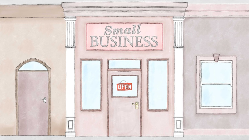 A sketch of a shop front with a sign saying small business at the top and an open sign on the door.