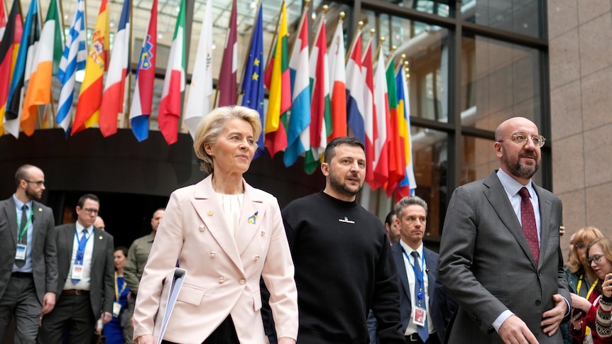 Zelenskyy and von der Leyen walk out of a building decorate with various flags, trailed by a mob officials