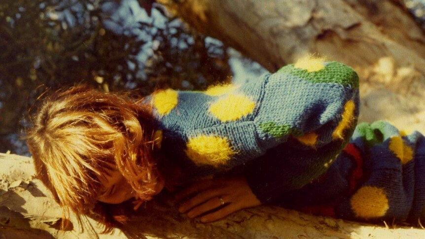 Sally Gray wears a colourful wattle jumper in 1978.