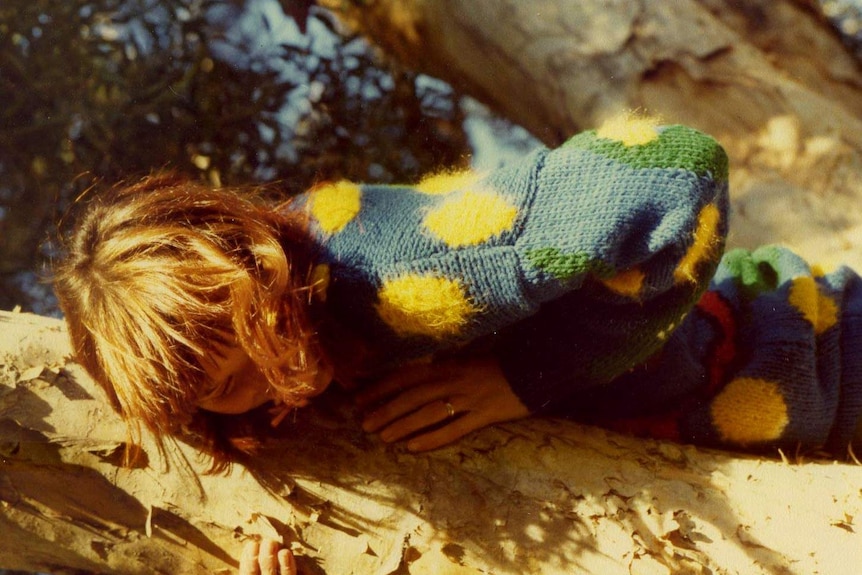 Sally Gray wears a colourful wattle jumper in 1978.