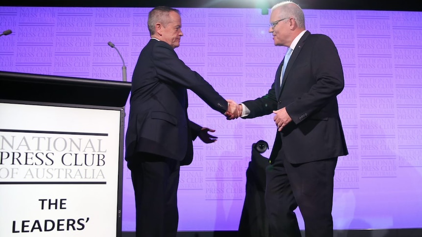 Bill Shorten and Scott Morrison shake hands ahead of the final leaders' debate.