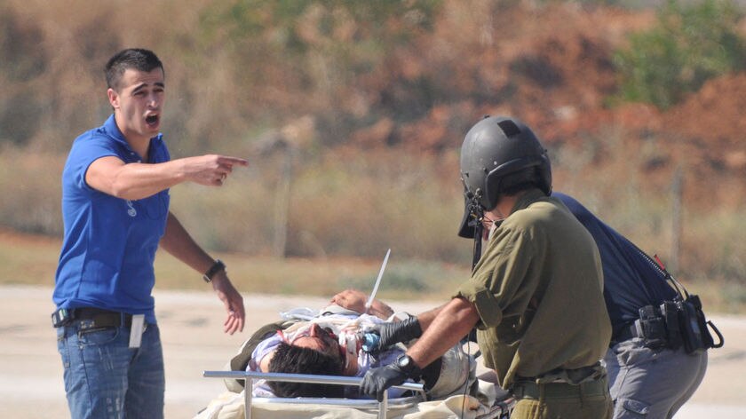 A pro-Palestinian activist is evacuated to Tel Hashomer hospital near Tel Aviv