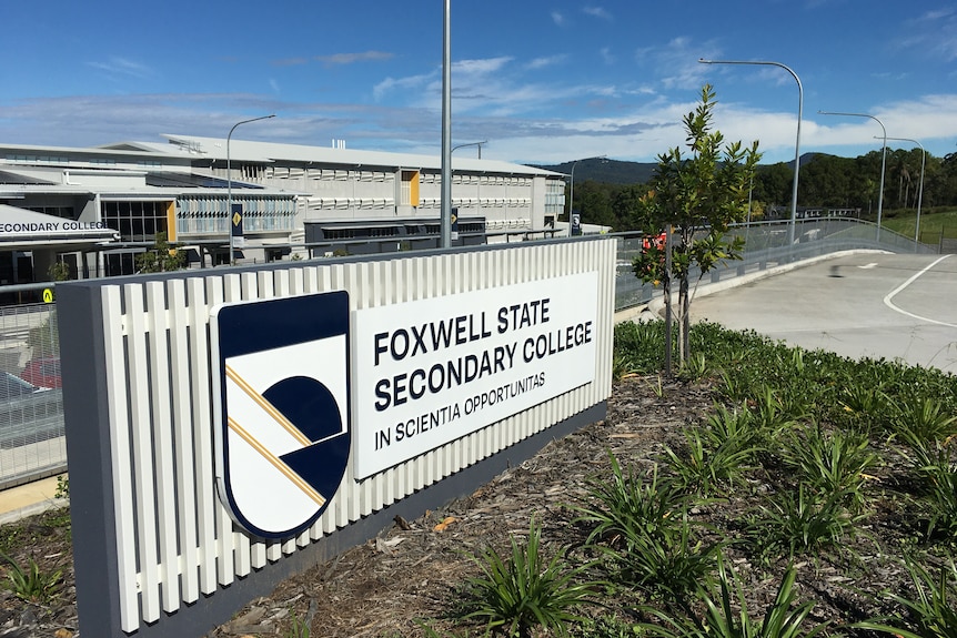 A sign that reads "Foxwell State Secondary College" in front of a school beneath a clear sky.