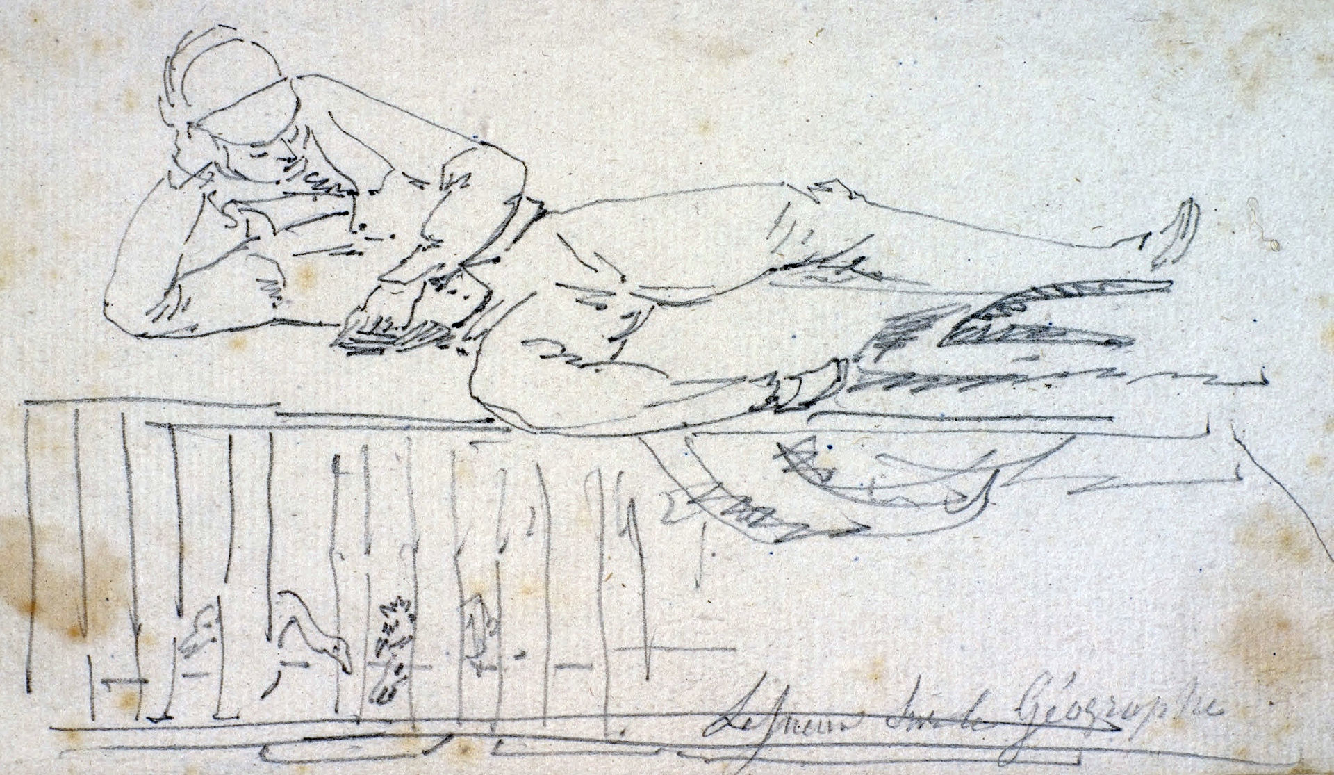 Sketch of a man leaning on a cage animals visiable in cage 