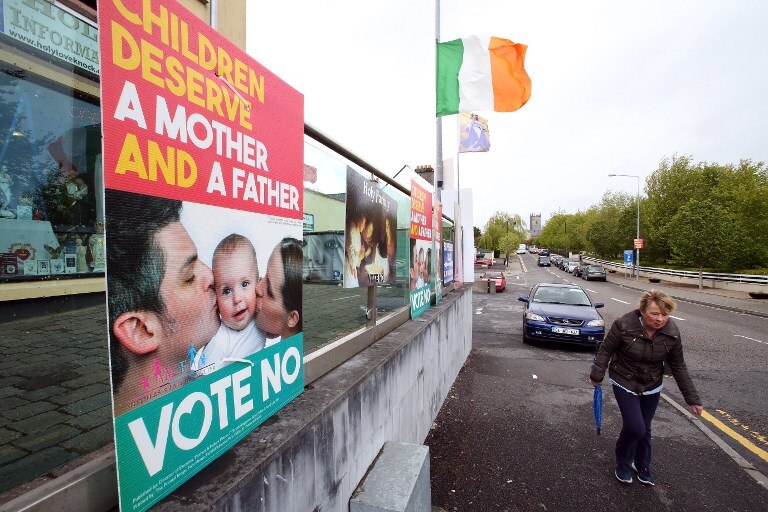 Vote "No" posters were displayed on the roadside in Knock, West Ireland.