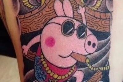 Peppa Pig with a cigar, sunglasses on a fake tattoo