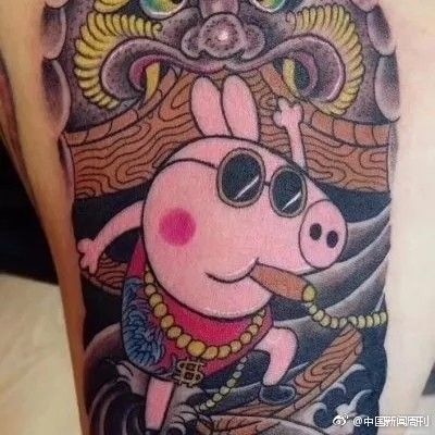 Peppa Pig with a cigar, sunglasses on a fake tattoo
