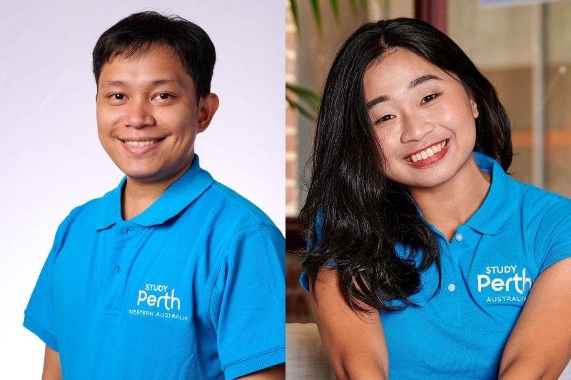 Two head shots of international students wearing blue polos.