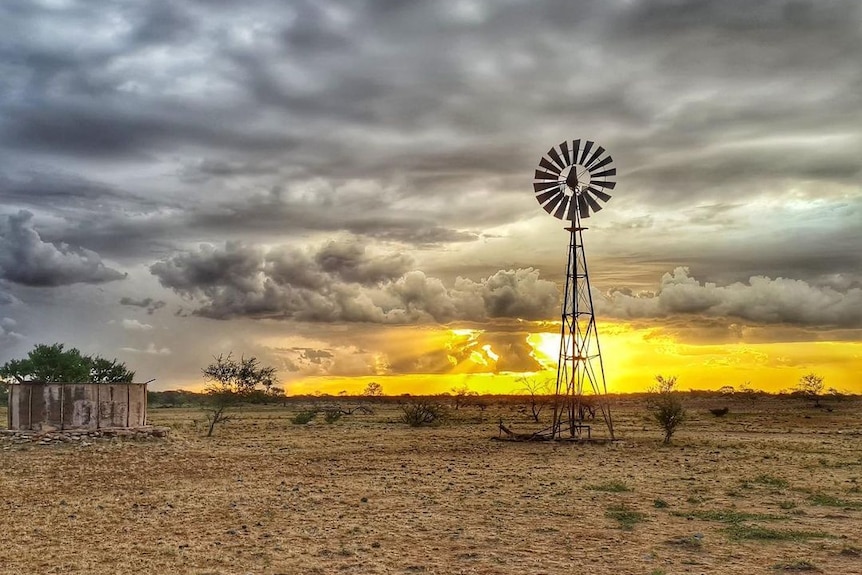 A photograph of a windmill on an outback station, golden sun rays are shining through the grey clouds on the horizon.