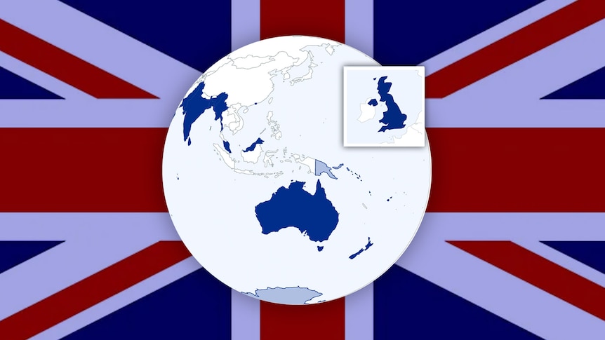 a globe with colonies outlines in blue on top of a union jack