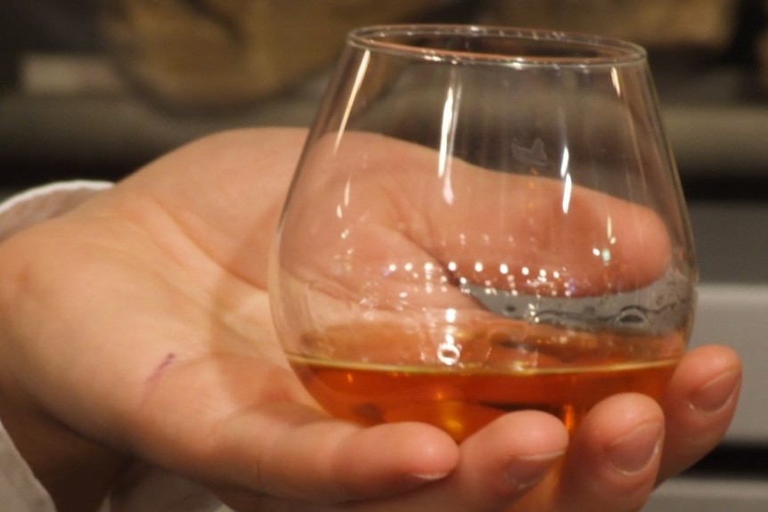 A hand holding a glass of brandy