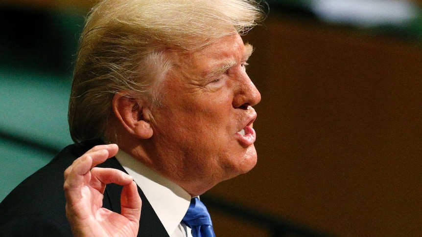 Donald Trump makes a hand gesture while giving a speech