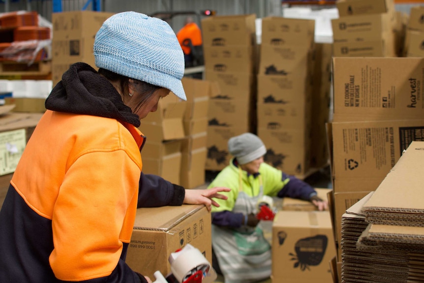 Workers wearing high-vis clothing assemble cartons at the Aussie Farmers Direct warehouse.