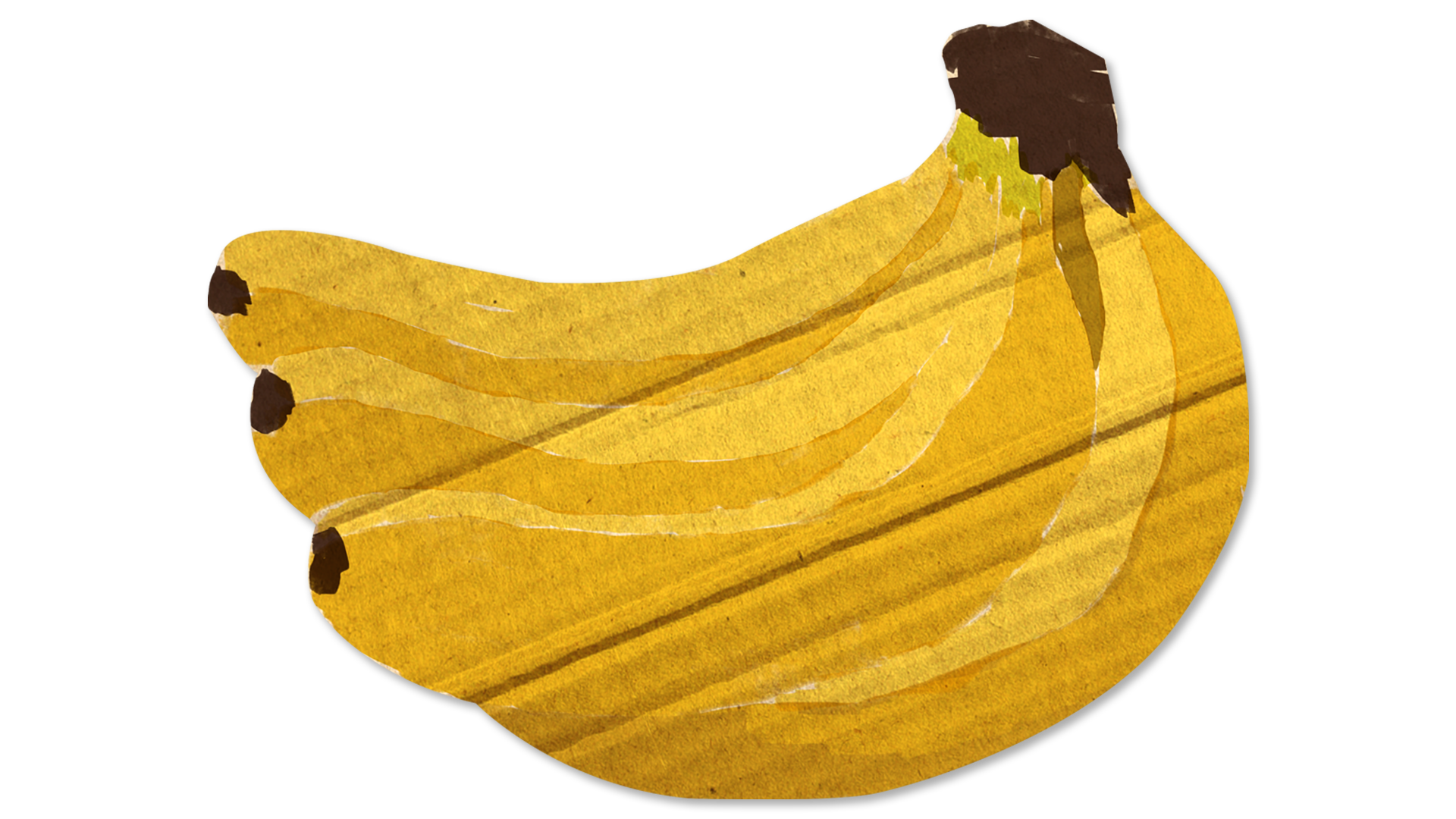 An illustration of a bunch of bananas. It appears to be hand painted on cardboard.