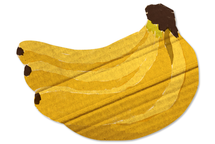 An illustration of a bunch of bananas. It appears to be hand painted on cardboard.
