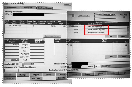 Photos of an airway bill onscreen listing military equipment, R-4005 remote weapon and weapon station spare.