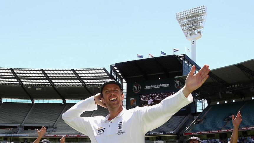 Graeme Swann leads the England team in a victorious rendition of the Sprinkler dance.
