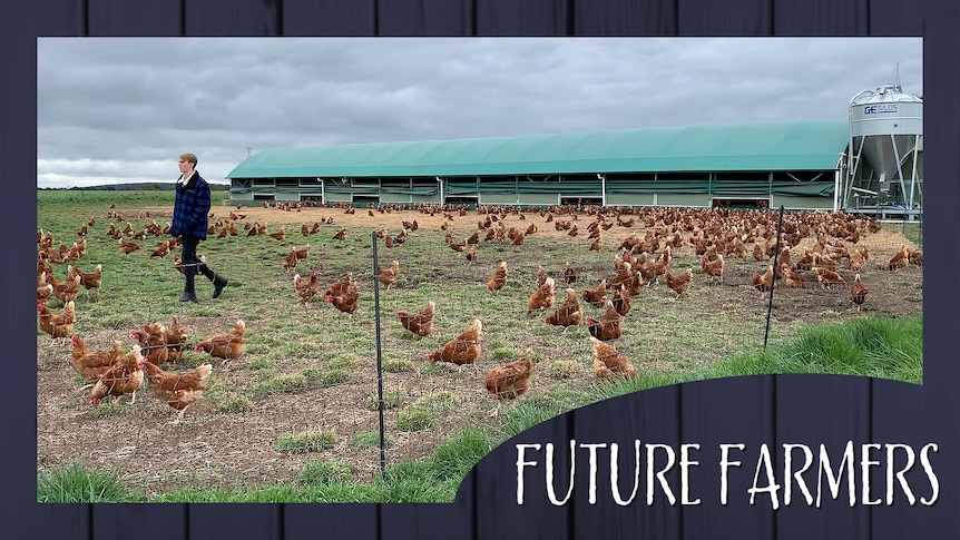 Man walks beside flock of chickens near chicken shed, text onscreen reads 'Future Farmers'