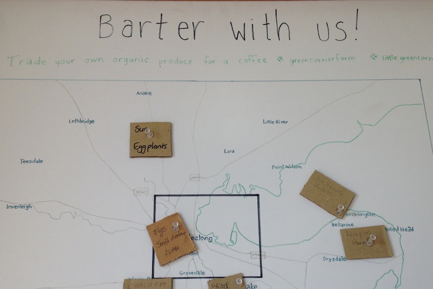 A hand drawn map showing where vegetables came from around Geelong. Written above the map are the words Barter with us.