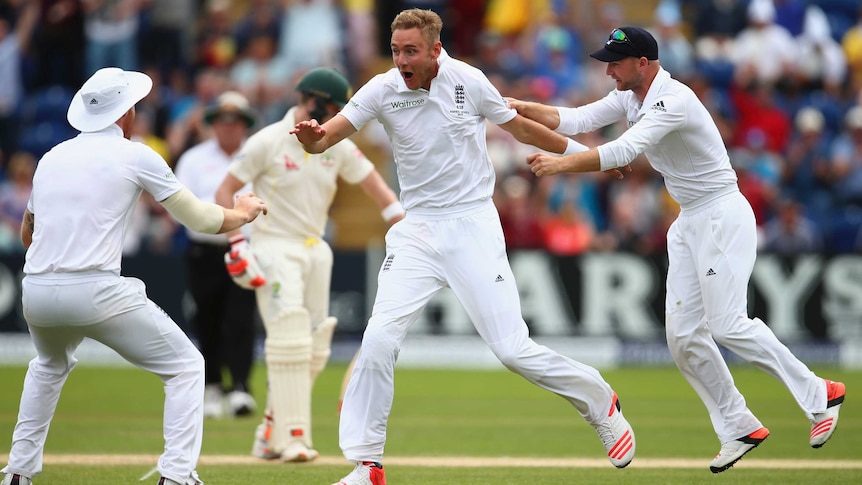 Stuart Broad celebrates the wicket of Steve Smith on day four in Cardiff
