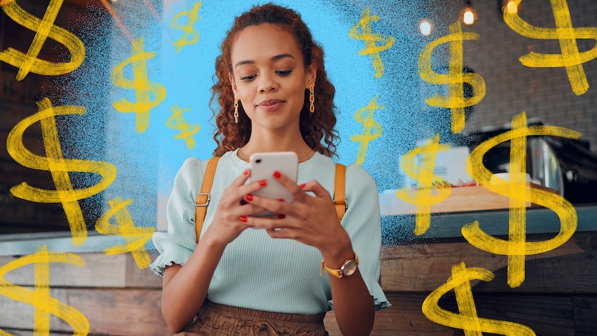 woman looking at phone with dollar sign illustrations in the background