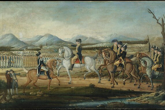 George Washington reviews troops before their march to suppress the Whiskey Rebellion
