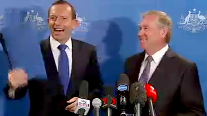 Prime Minister Tony Abbott shares a joke with WA Premier Colin Barnett