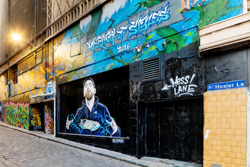 A mural of Argentina football star Lionel Messe in Melbourne's Hosier Lane.