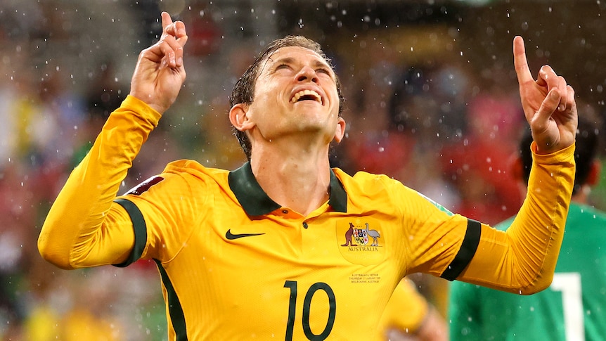 Socceroo Craig Goodwin celebrates a goal during the FIFA World Cup Qatar 2022 Asian Qualifier against Vietnam