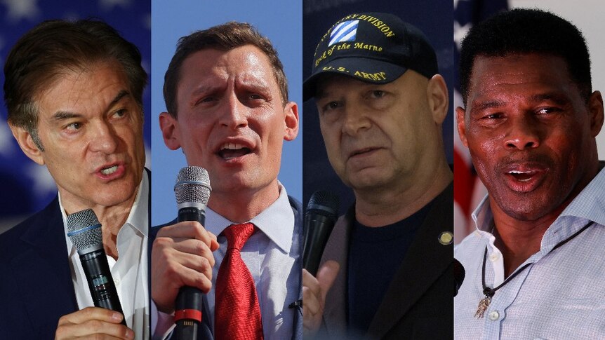 A composite image shows four men speaking into microphones, two in suits, one wearing an Army cap, 