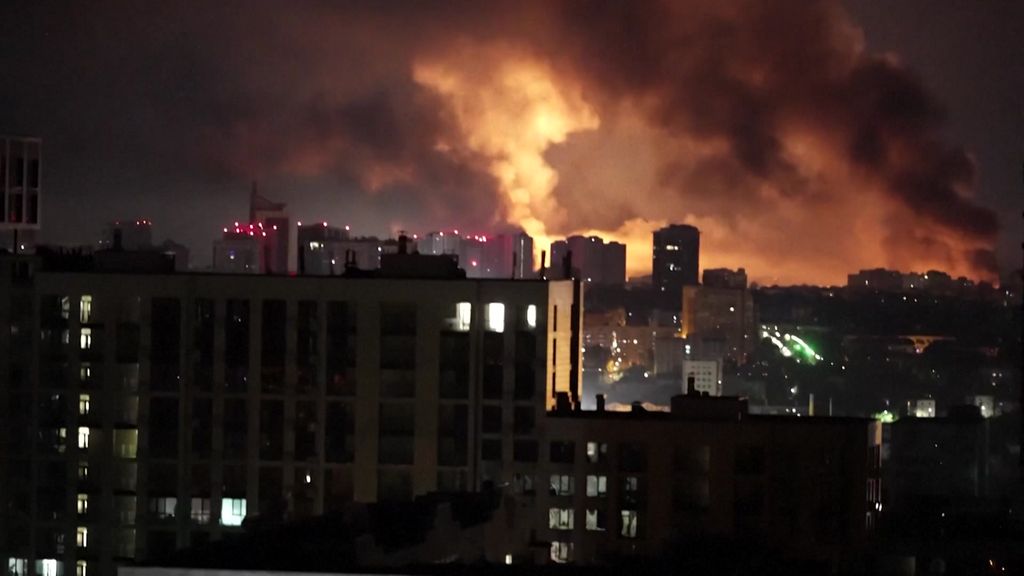 Kyiv skyline during Russian all-night drone attack - ABC News