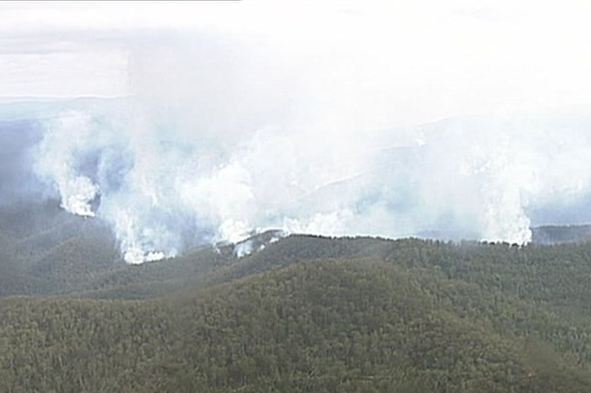 An aerial view of white smoke from fires in the Anglers Rest area of Victoria.