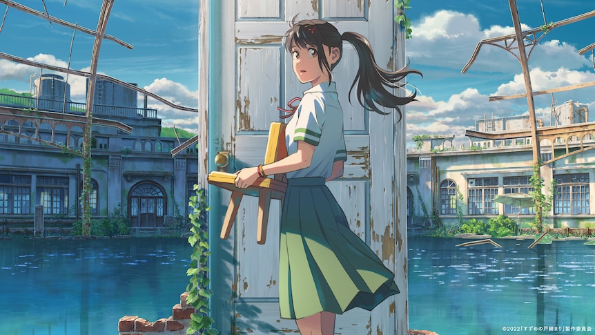 A still from an anime movie, where a teenage girl in a school uniform holds a three-legged chair in front of a door in an onsen.