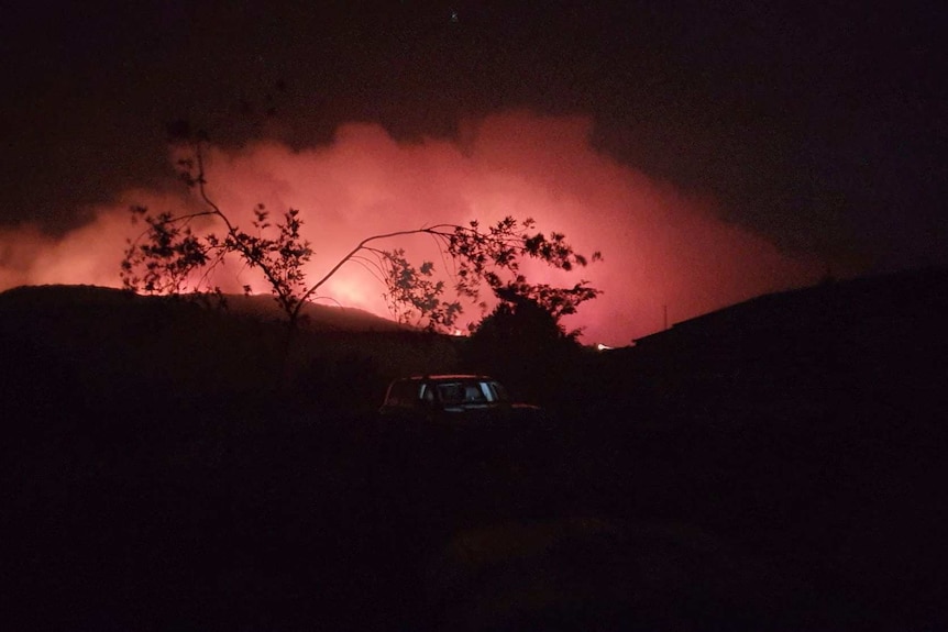 The glow of a large bushfire at night, with a tree and car in the foreground.
