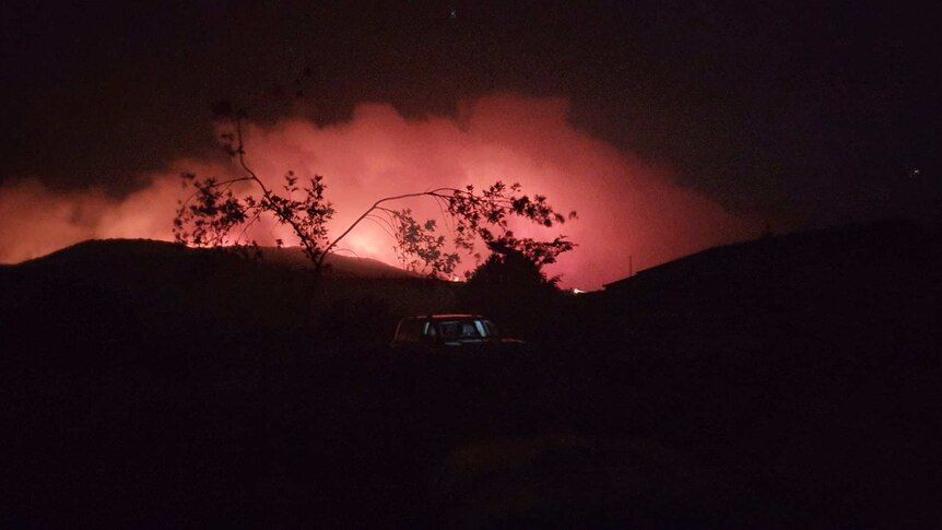 The glow of a large bushfire at night, with a tree and car in the foreground.