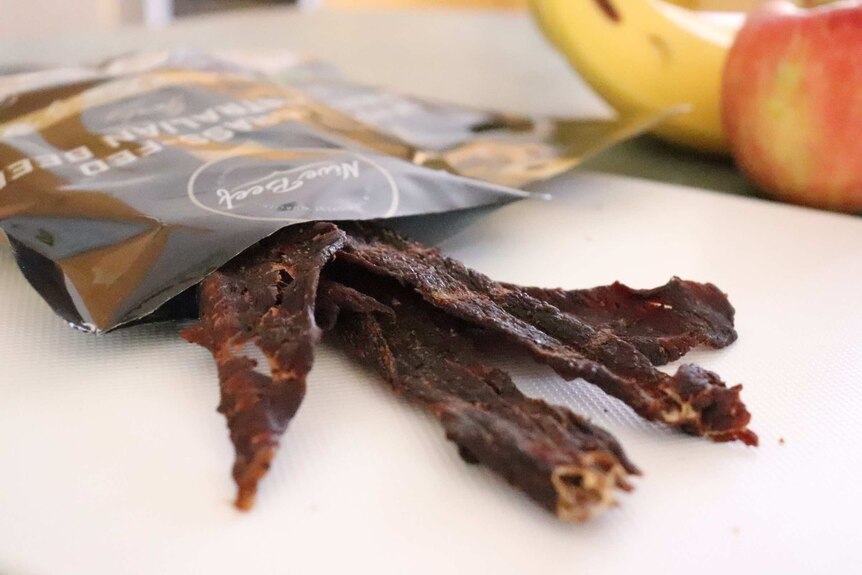 A close up shot of Nive Beef Jerky.