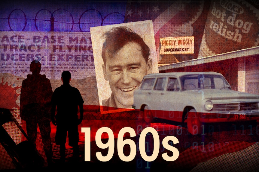 A composite image depicting certain scenes from the 1960s, including a station wagon, newspaper clipping and a man's photo.