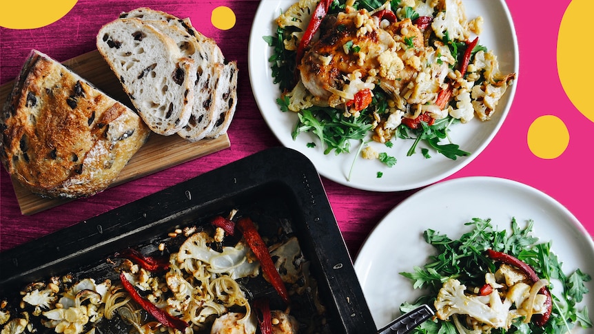 Chicken cauliflower tray bake on a serving plate, a collection of easy, quick dinner recipes for beginners.